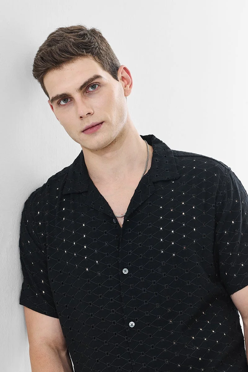 سنيتش Black Textured Half Sleeve Boxy Shirt