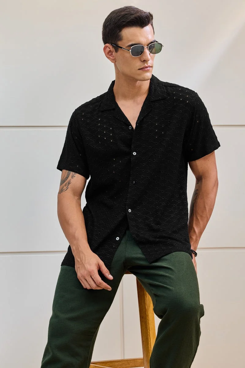 سنيتش Black Textured Half Sleeve Boxy Shirt
