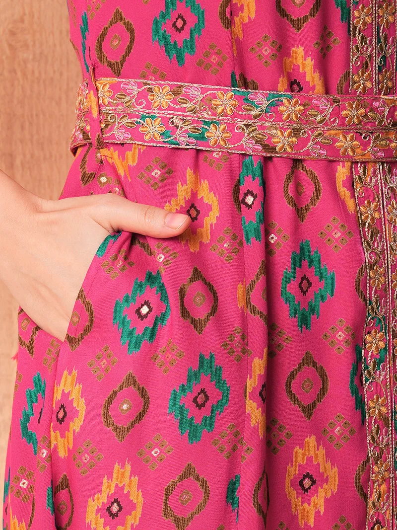 globus Women Pink & Yellow Ethnic Motifs Printed Regular Thread Work Kurta With Trousers