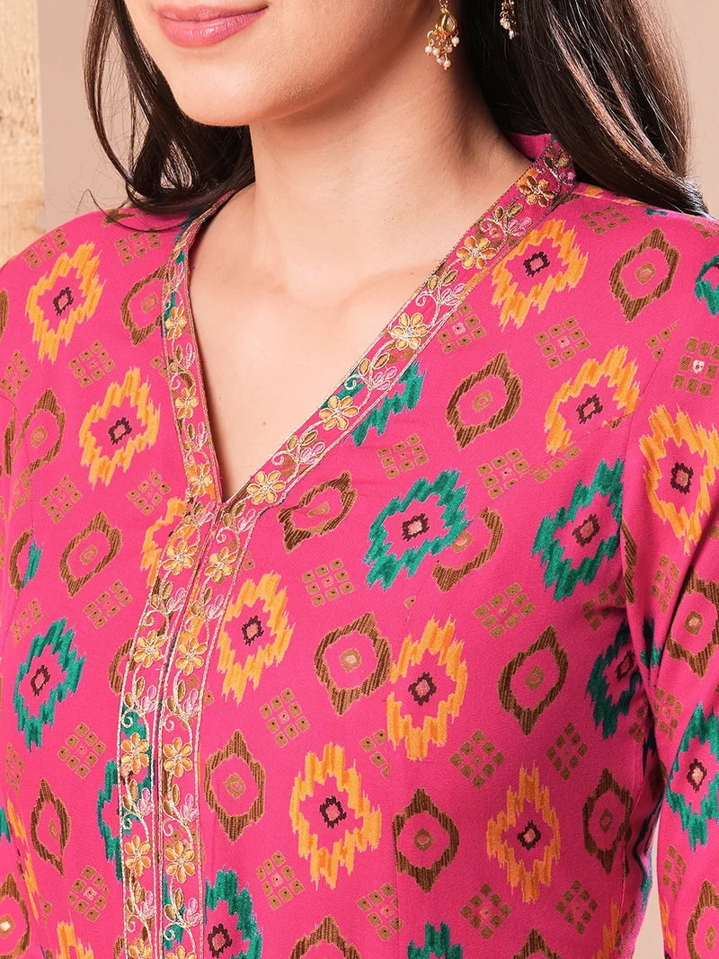 globus Women Pink & Yellow Ethnic Motifs Printed Regular Thread Work Kurta With Trousers