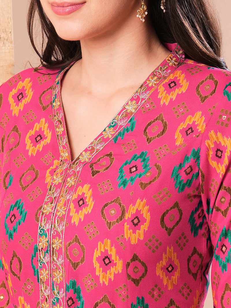 globus Globus Women Pink & Yellow Ethnic Motifs Printed Regular Thread Work Kurta With Trousers - Image 4