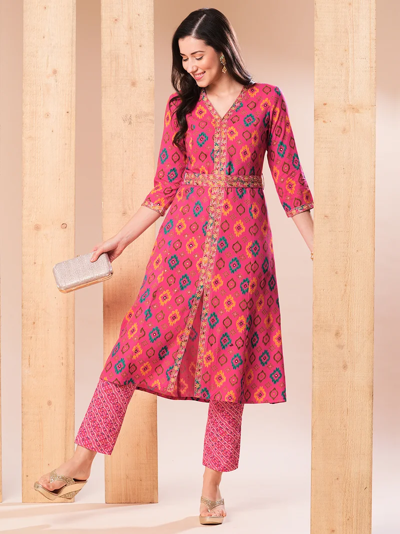 globus Women Pink & Yellow Ethnic Motifs Printed Regular Thread Work Kurta With Trousers