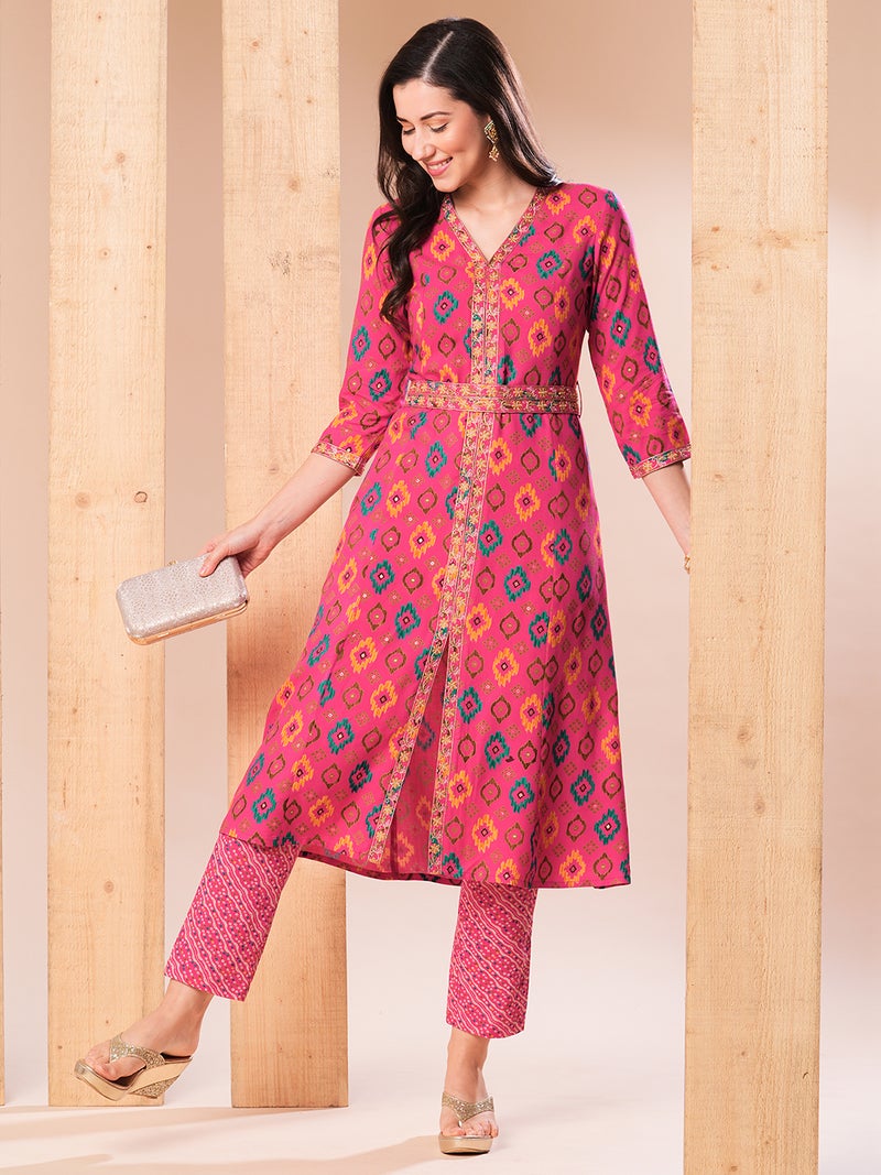 globus Globus Women Pink & Yellow Ethnic Motifs Printed Regular Thread Work Kurta With Trousers - Image 1