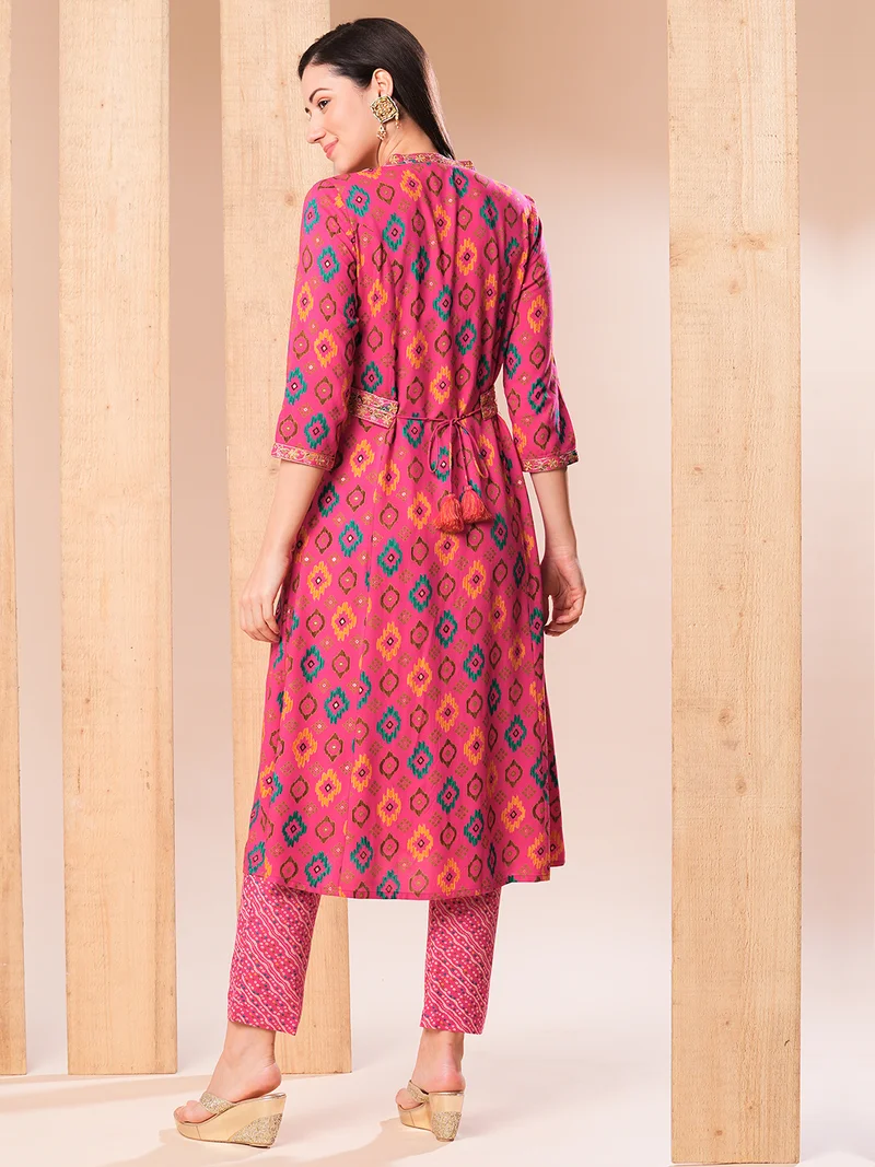 globus Women Pink & Yellow Ethnic Motifs Printed Regular Thread Work Kurta With Trousers