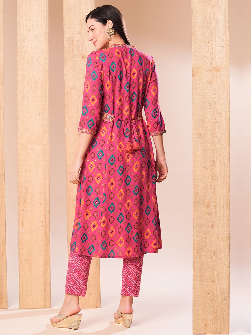 globus Globus Women Pink & Yellow Ethnic Motifs Printed Regular Thread Work Kurta With Trousers - Image 3