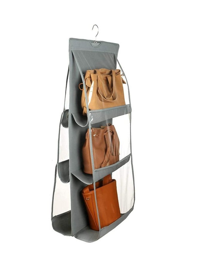 Kuber Industries Dust Proof Hanging Handbag Purse Clutch Organizer With 6 Large Compartments & Hanger (Grey), Cotton  - Image 1