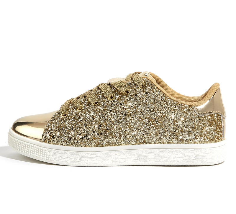 LUCKY STEP Glitter Shoes Sparkly Bling Shiny Bedazzled Lace up Fashion Sneakers for Women (All Gold,9 B(M) US) - Image 1