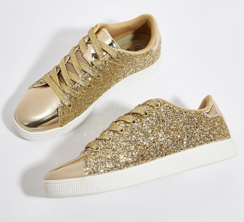 LUCKY STEP Glitter Shoes Sparkly Bling Shiny Bedazzled Lace up Fashion Sneakers for Women (All Gold,9 B(M) US) - Image 4