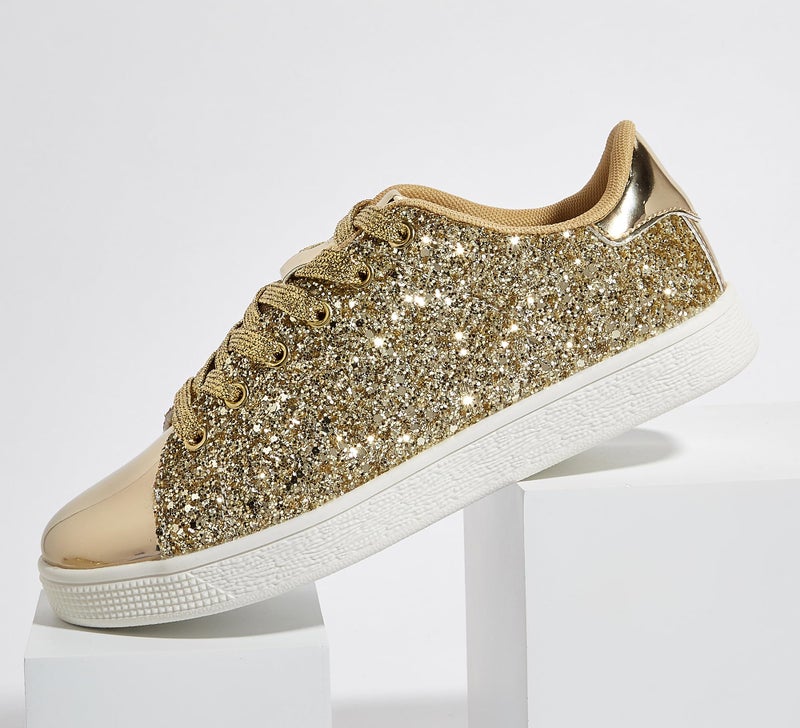 LUCKY STEP Glitter Shoes Sparkly Bling Shiny Bedazzled Lace up Fashion Sneakers for Women (All Gold,9 B(M) US) - Image 5