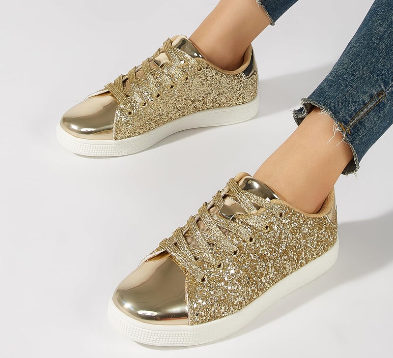LUCKY STEP Glitter Shoes Sparkly Bling Shiny Bedazzled Lace up Fashion Sneakers for Women (All Gold,9 B(M) US) - Image 2