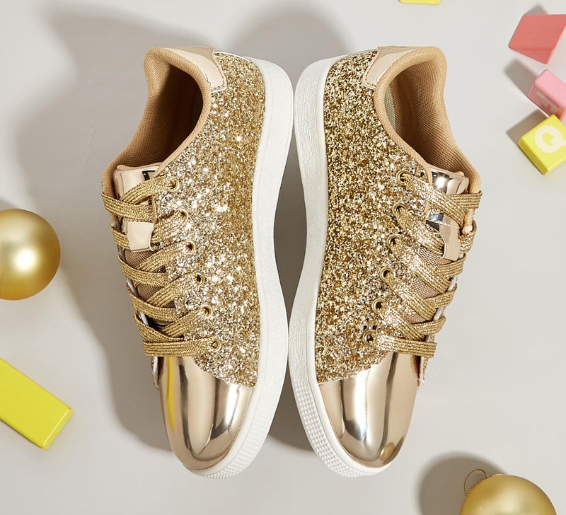 LUCKY STEP Glitter Shoes Sparkly Bling Shiny Bedazzled Lace up Fashion Sneakers for Women (All Gold,9 B(M) US) - Image 3