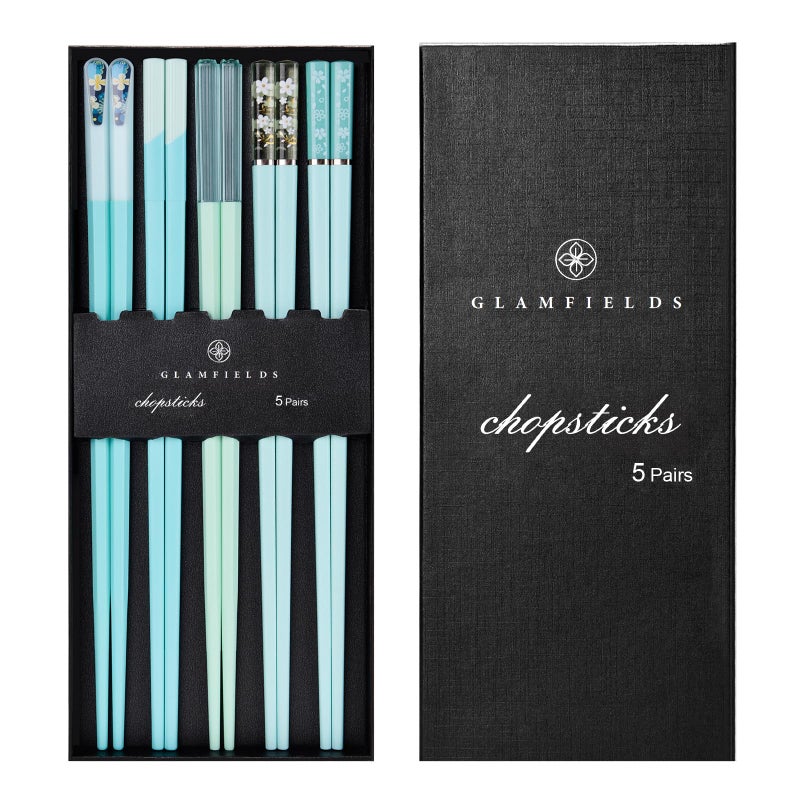 GLAMFIELDS Chopsticks Reusable Dishwasher Safe, GLAMFIELDS 5 Pairs 9.5 Inches Premium Chop Sticks Set for Sushi, Ramen, Asian Cuisine, Matte Non-slip with Gift Case, Light Blue - Image 1