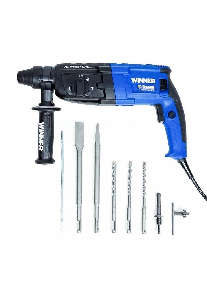 The Winner Tools Rotary Hammer Drill RH850, 850W Motor SDS-Plus System, Variable Speed Control Compact Design with Soft Grip Multi-Function for Drilling, Chiseling, and Demolition – Includes Drill Bits and Chisels - Image 1