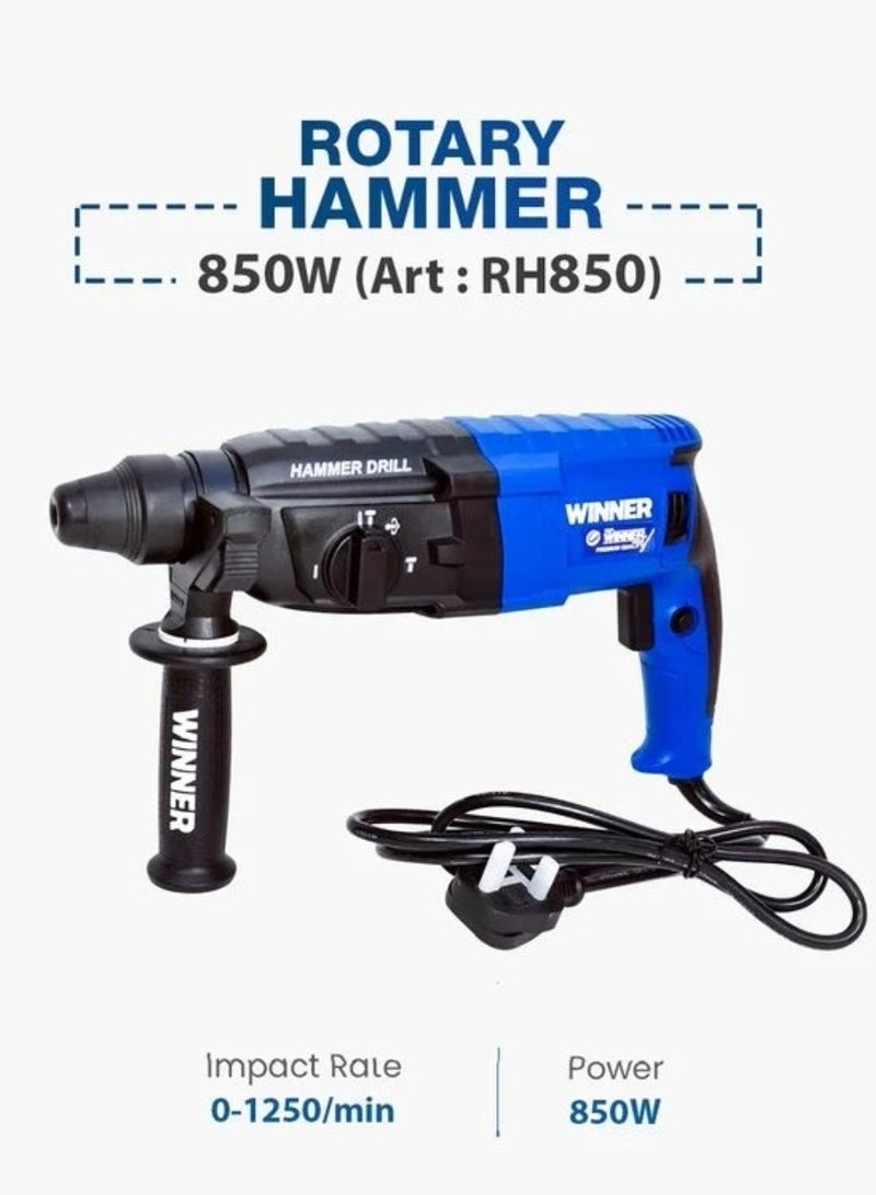 The Winner Tools Rotary Hammer Drill RH850, 850W Motor SDS-Plus System, Variable Speed Control Compact Design with Soft Grip Multi-Function for Drilling, Chiseling, and Demolition – Includes Drill Bits and Chisels - Image 2