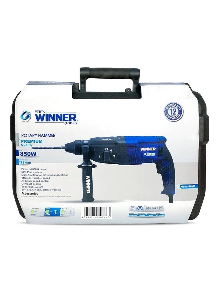 ذا وينر تولز - مثقاب المطرقة الدوارة RH850 من Winner Tools، محرك بقوة 850 واط، نظام SDS-Plus، تحكم في السرعة المتغيرة، تصميم مضغوط مع قبضة ناعمة، متعدد الوظائف للحفر والنقش والهدم - يتضمن رؤوس مثقاب وأزاميل - Image 1