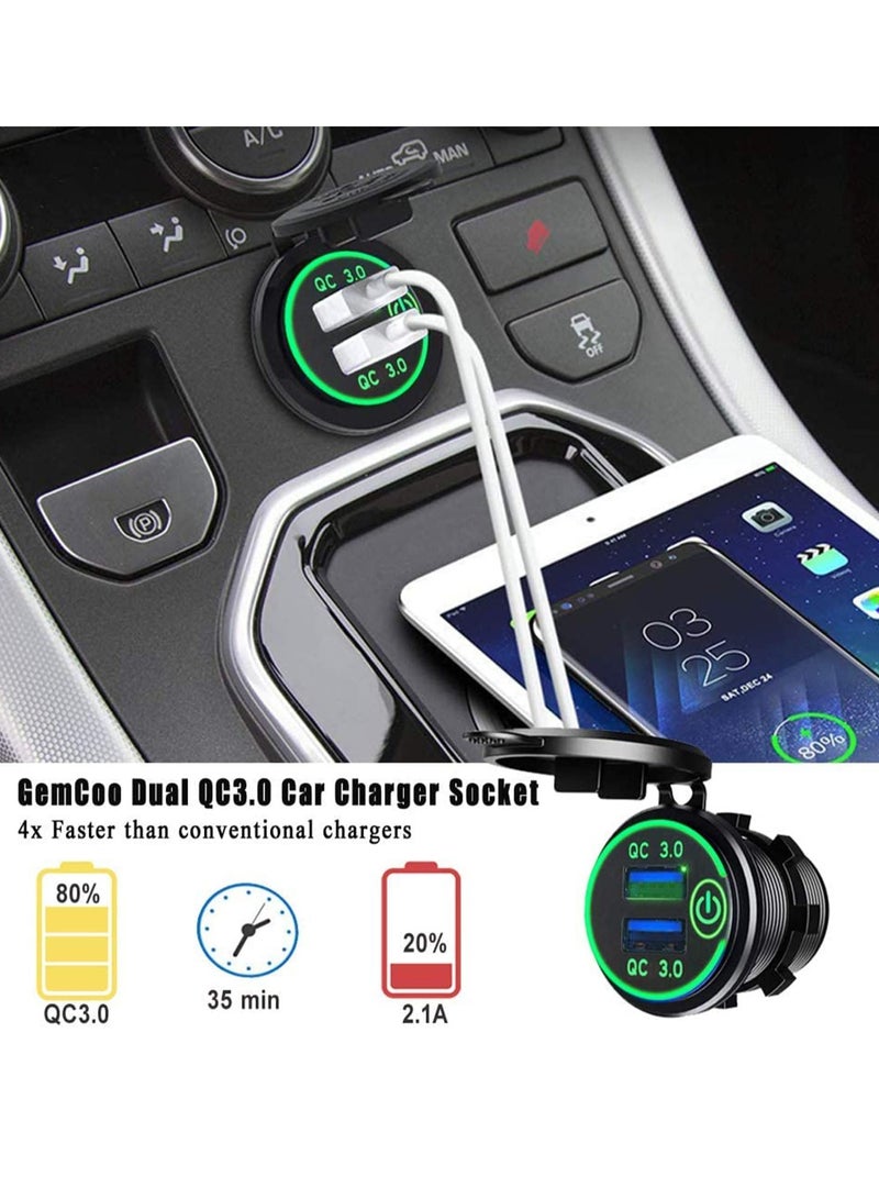 SYOSI Car Charger Socket, Quick Charge 4.0 PD Type C and 3.0 USB, 12V/24V Outlet Power Waterproof with Dual Ports for Marine Boat Motorcycle Golf (green) - Image 5