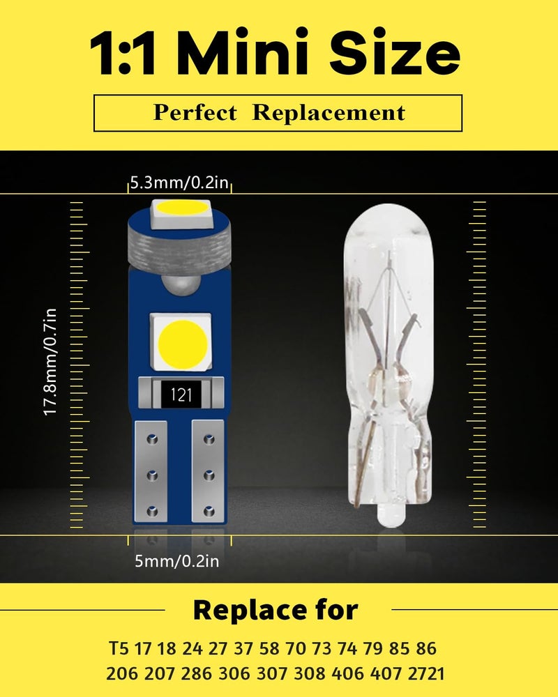 Alopee T5 LED Bulbs White 12V 2721 2723 Replacement - Super Bright Dashboard Lights for Car Instrument Cluster, Door Lights, Compatible with 73 74 37 Models (Pack of 10) - Image 2