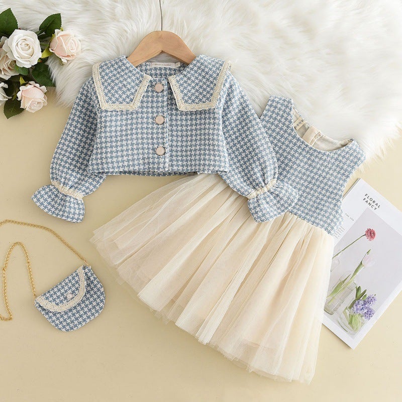 Womens Babys Houndstooth Large Lapel Jacket Vest Gauze Skirt Small Satchel Three-Piece Set Korean Style Girls Mesh suit Blue
