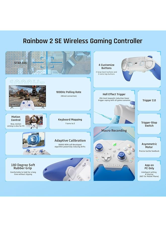 KASTWAVE Pc Controllers Rainbow 2 Se Wireless Controllers Motion Control Hall Effect Trigger 12 Bit Adc 3 Sets Of Joysticks 4 Way&8 Way D Pad Pc App Controller For Switch/Pc/Android/Ios - Image 2