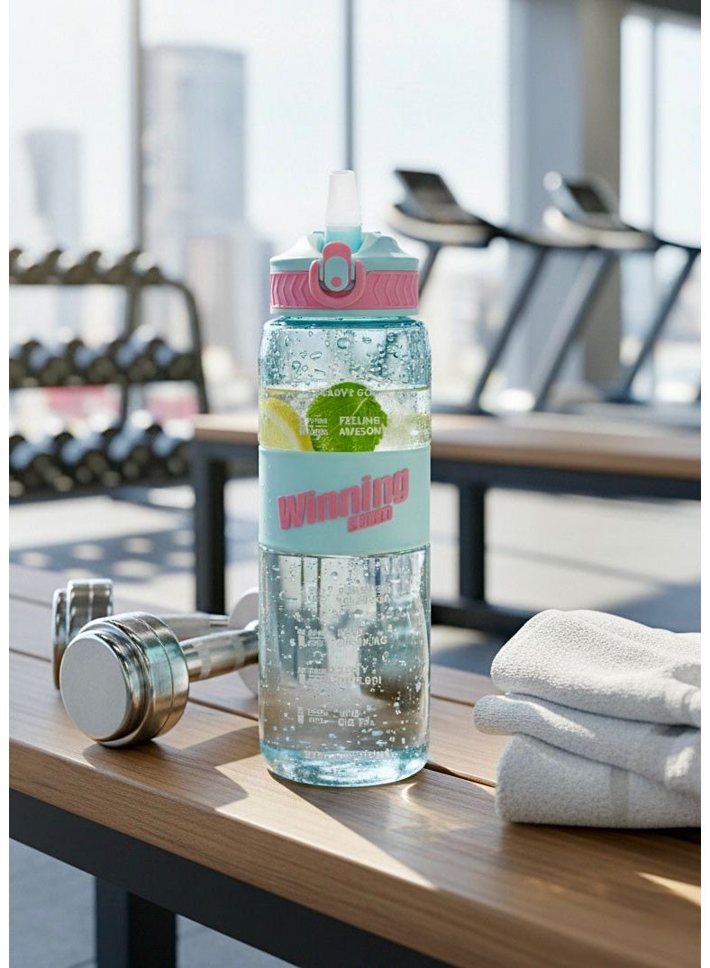 ويننج 1L Sports Water Bottle, BPA Free Tritan Plastic Water Bottle, Motivational Water Carafe with Time Marker, Gym Bottle with Removable Straw, 1000ml Plastic Water Bottle, Leak Proof Flip Top Lid with Safety Lock, Sports Flask with Anti-Slip Silicone Sleeve, Water Bottle for Fitness and Bodybuilding, Liquid Bottle with Wrist Carrying Strap, Water Bottle with ML and OZ Scale, Water Flask for Outdoor Exercise and Running, Modern Design Transparent Plastic Water Bottle, Car Cup Holder Compatible Water Bottle, Wide Mouth Water Bottle for Ice Cubes, Lightweight Water Bottle for Walking and Yoga, Daily Use and Office Water Flask, Colorful Water Bottle with Ergonomic  Grip, Easy to Clean Sports Water Bottle - Color Tiffany - Image 1