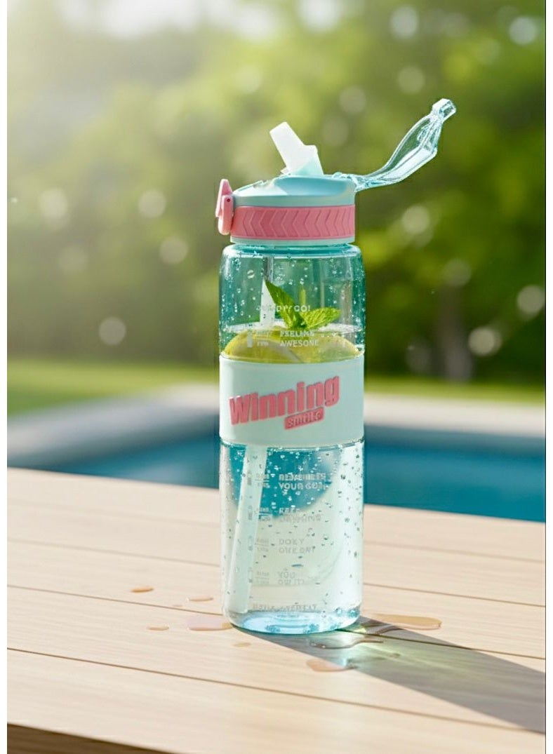 ويننج 1L Sports Water Bottle, BPA Free Tritan Plastic Water Bottle, Motivational Water Carafe with Time Marker, Gym Bottle with Removable Straw, 1000ml Plastic Water Bottle, Leak Proof Flip Top Lid with Safety Lock, Sports Flask with Anti-Slip Silicone Sleeve, Water Bottle for Fitness and Bodybuilding, Liquid Bottle with Wrist Carrying Strap, Water Bottle with ML and OZ Scale, Water Flask for Outdoor Exercise and Running, Modern Design Transparent Plastic Water Bottle, Car Cup Holder Compatible Water Bottle, Wide Mouth Water Bottle for Ice Cubes, Lightweight Water Bottle for Walking and Yoga, Daily Use and Office Water Flask, Colorful Water Bottle with Ergonomic  Grip, Easy to Clean Sports Water Bottle - Color Tiffany - Image 3
