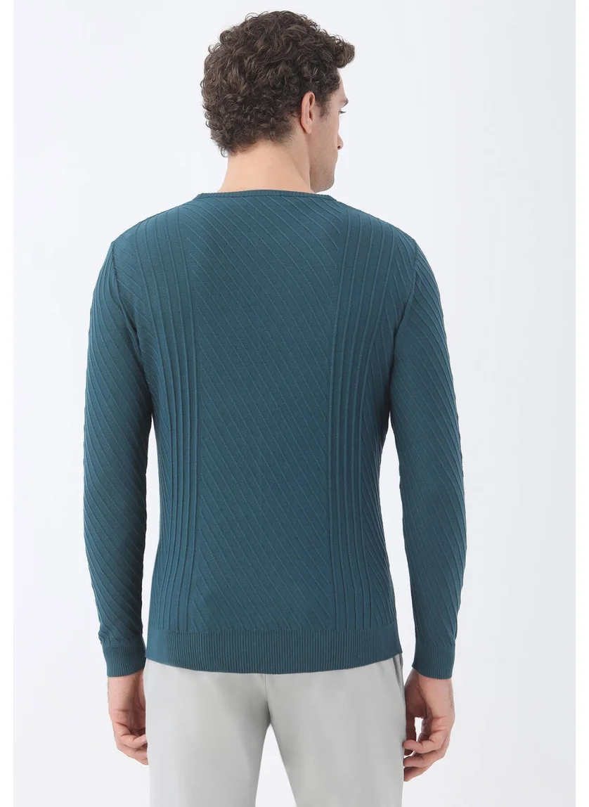 Kip Petrol Crew Neck Jacquard Sweater