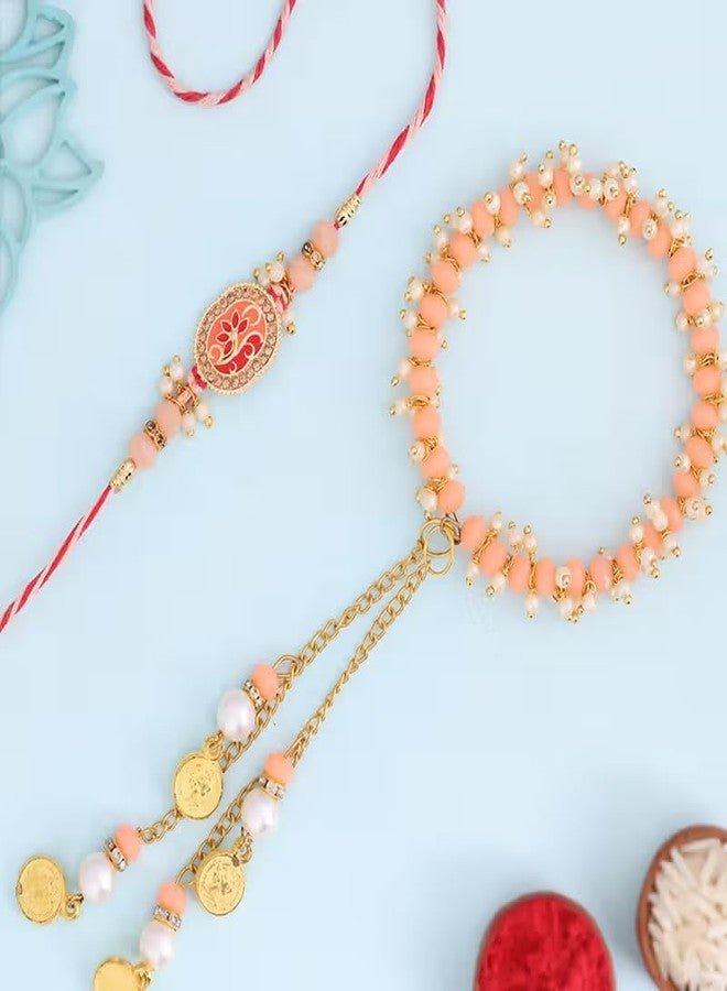 Floweraura Premium Handcrafted Elegant Peach & Pearl Bhaiya Bhabhi Rakhi With Roli Pack - Rakhi For Bhai, Bhaiya, Bhabhi, Sister-In-Law & Rakshabandhan Gift (Same Day Delivery) - Image 4