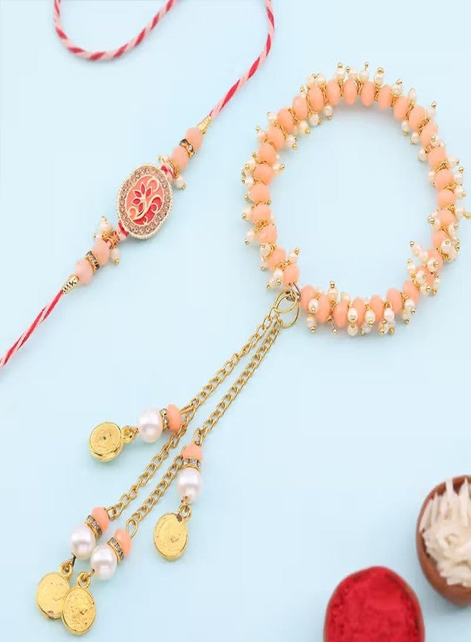 Floweraura Premium Handcrafted Elegant Peach & Pearl Bhaiya Bhabhi Rakhi With Roli Pack - Rakhi For Bhai, Bhaiya, Bhabhi, Sister-In-Law & Rakshabandhan Gift (Same Day Delivery) - Image 2