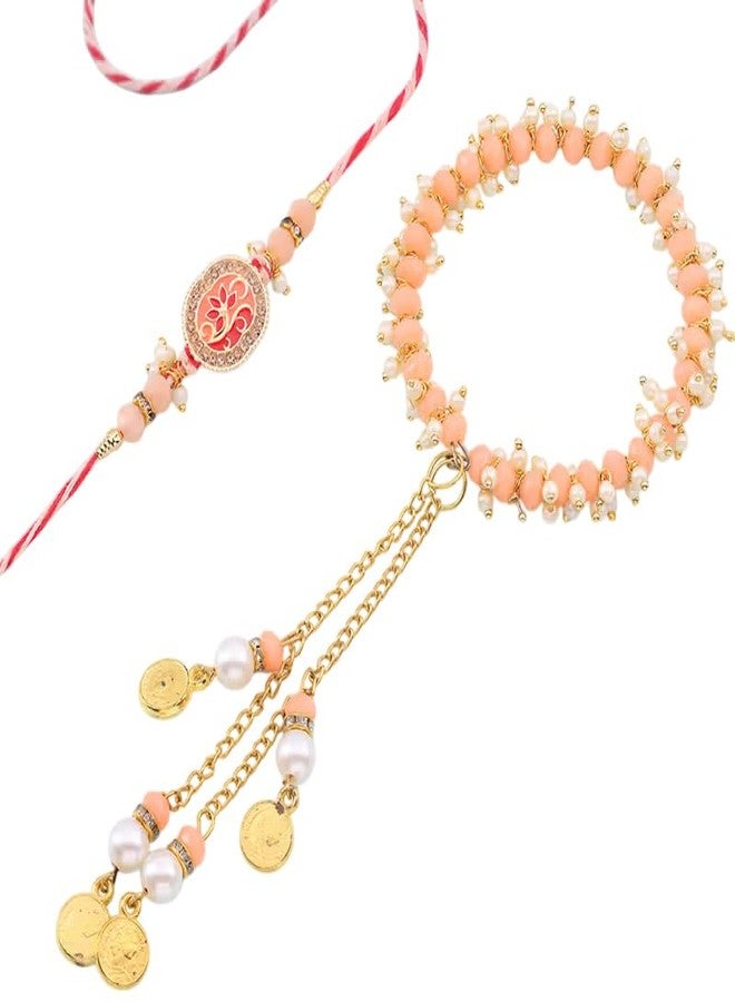 Floweraura Premium Handcrafted Elegant Peach & Pearl Bhaiya Bhabhi Rakhi With Roli Pack - Rakhi For Bhai, Bhaiya, Bhabhi, Sister-In-Law & Rakshabandhan Gift (Same Day Delivery) - Image 1