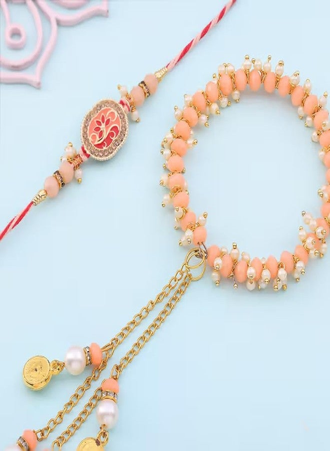 Floweraura Premium Handcrafted Elegant Peach & Pearl Bhaiya Bhabhi Rakhi With Roli Pack - Rakhi For Bhai, Bhaiya, Bhabhi, Sister-In-Law & Rakshabandhan Gift (Same Day Delivery) - Image 3