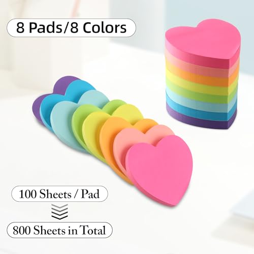 Bluckincle Heart Sticky Notes 8 Colors 100 Sheets/Pad, 800 Sheets Colorful Self-Stick Note Pads Stationary Cute Desk Accessories Office School Teacher Supplies Teacher Gifts - Image 2