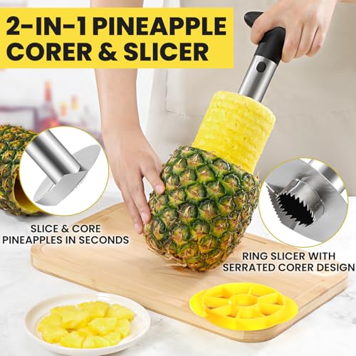 CUNSENR Premium Pineapple Corer and Slicer Tool - Pineapple Cutter with Sharp Serrated Tips - Easy to Use & Clean - Stainless Steel Core Remover for Pineapple - Slice and Core Fruits with Ease(Black) - Image 2