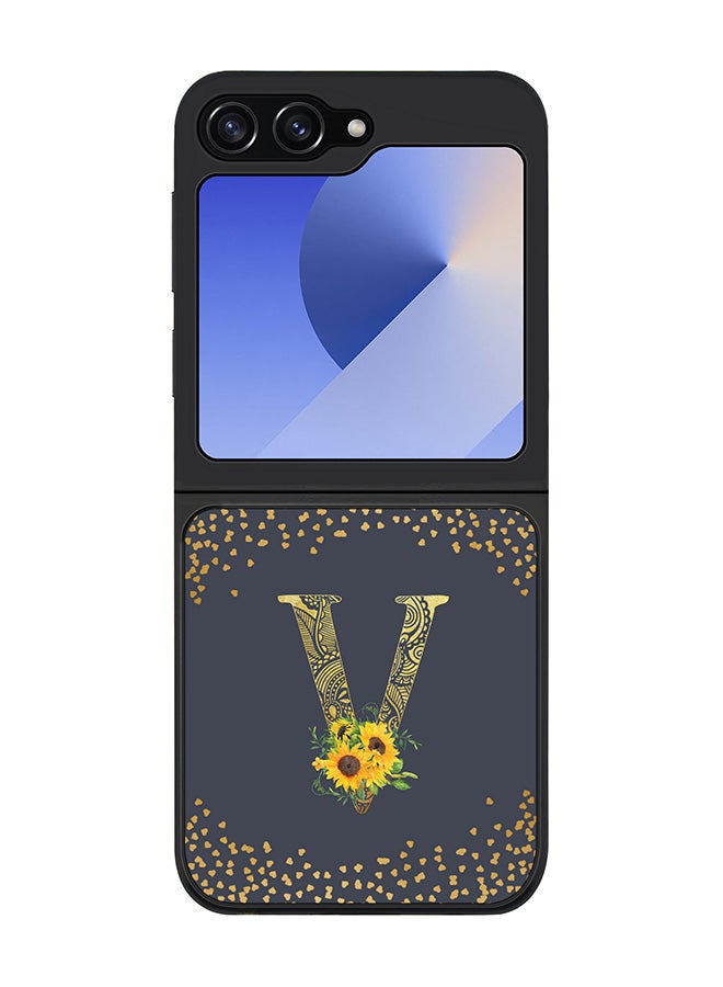 Stylizedd Rugged Black edge case for Samsung Galaxy Z Flip7 FE, Slim fit Case Flexible Cover - Custom Monogram Initial Letter Floral Pattern Alphabet - V (Grey ) - Image 1