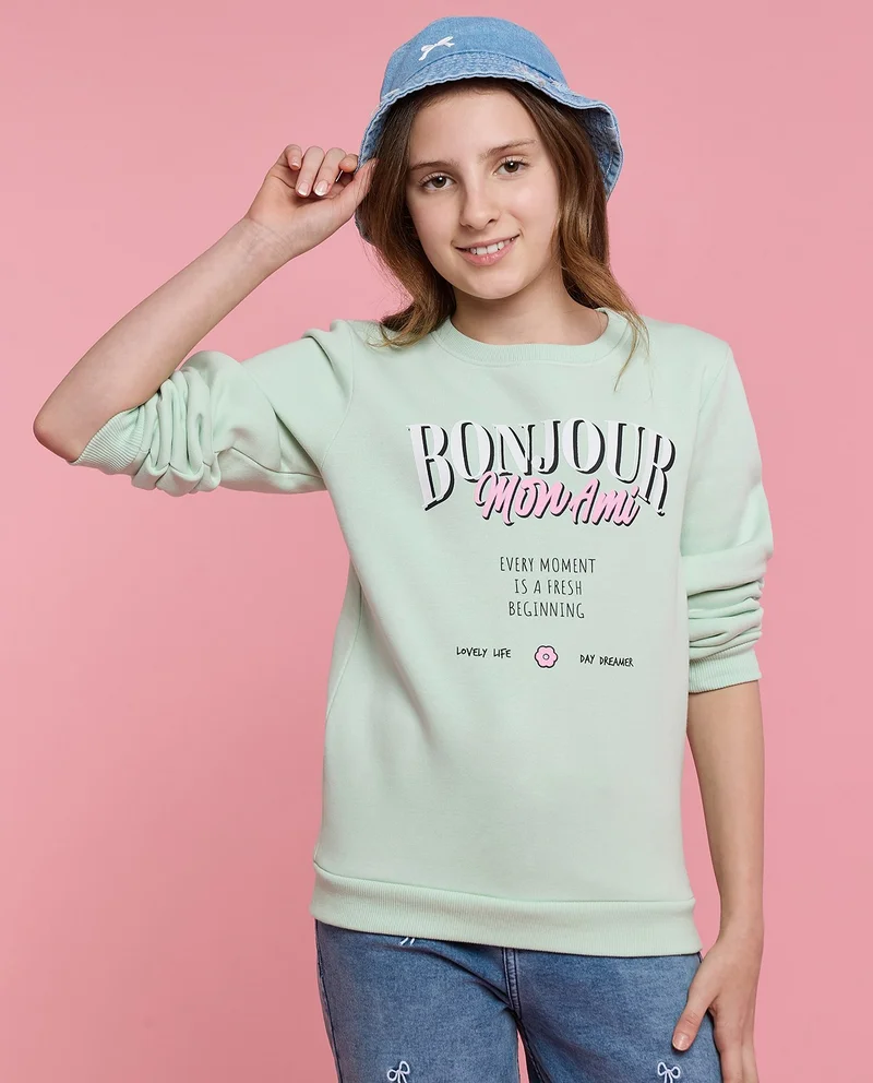 R&B Typography Print Sweatshirt with Crew Neck and Long Sleeves