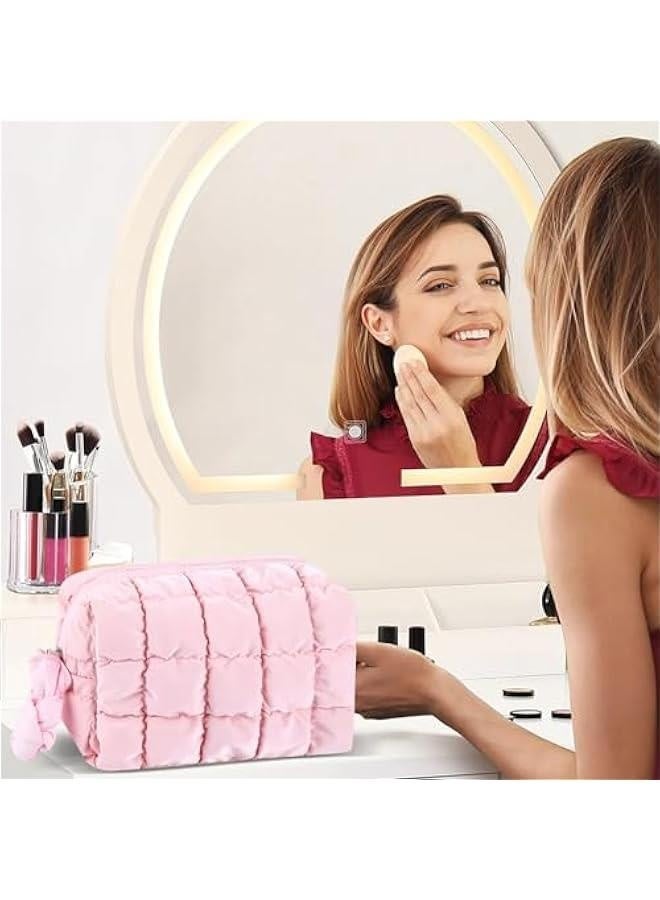 Quilted Makeup Bag for Women Girls Large Pink Cosmetic Bag Cute Puffer Aesthetic Zipper Makeup Pouch for Purse Portable Waterproof Travel Toiletry Bag Makeup Brushes Skincare Bag Organizer - Image 3