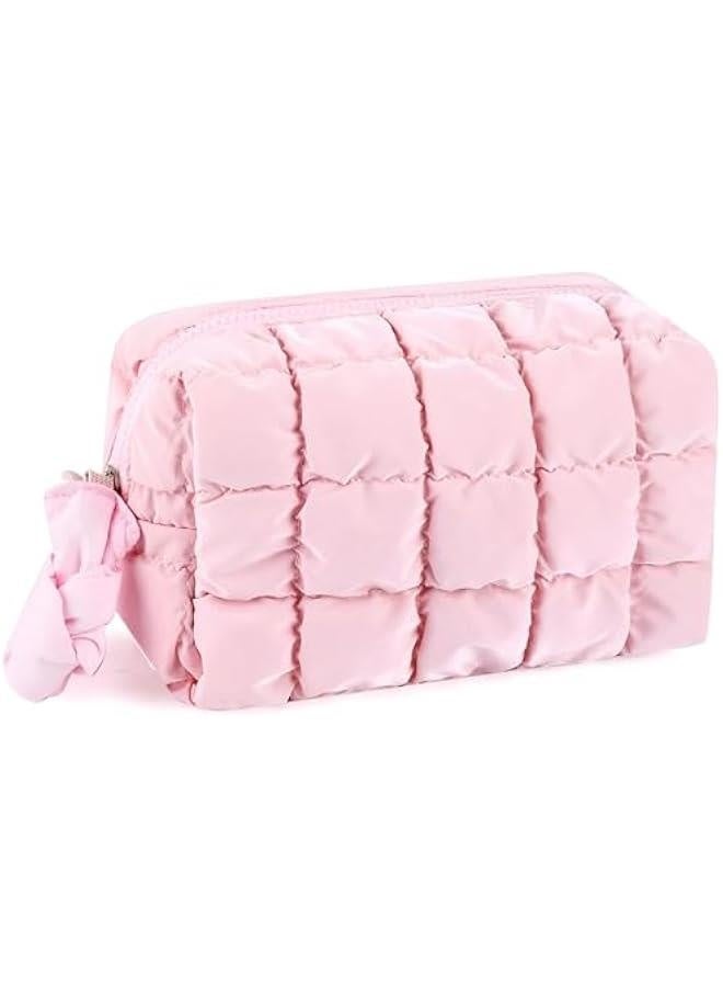 Quilted Makeup Bag for Women Girls Large Pink Cosmetic Bag Cute Puffer Aesthetic Zipper Makeup Pouch for Purse Portable Waterproof Travel Toiletry Bag Makeup Brushes Skincare Bag Organizer - Image 1