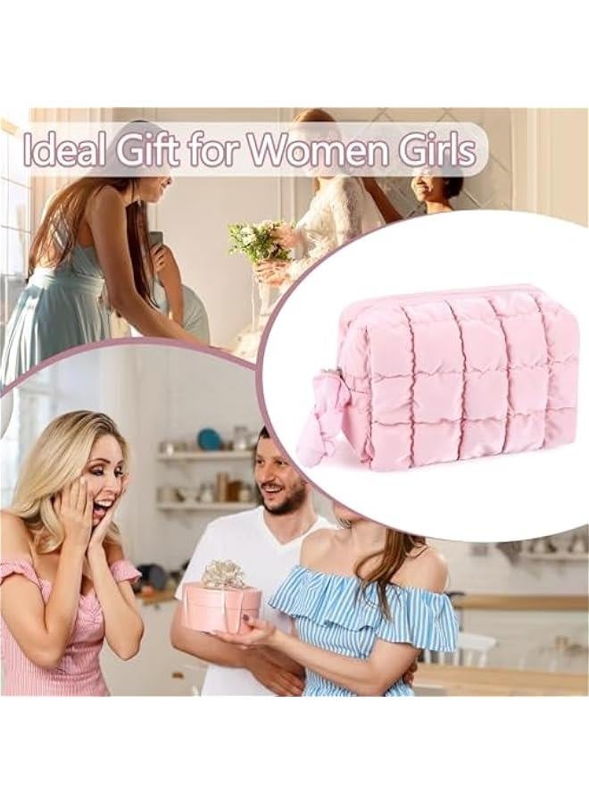 Quilted Makeup Bag for Women Girls Large Pink Cosmetic Bag Cute Puffer Aesthetic Zipper Makeup Pouch for Purse Portable Waterproof Travel Toiletry Bag Makeup Brushes Skincare Bag Organizer - Image 4