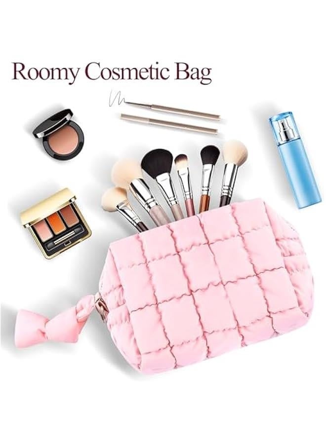 Quilted Makeup Bag for Women Girls Large Pink Cosmetic Bag Cute Puffer Aesthetic Zipper Makeup Pouch for Purse Portable Waterproof Travel Toiletry Bag Makeup Brushes Skincare Bag Organizer - Image 2