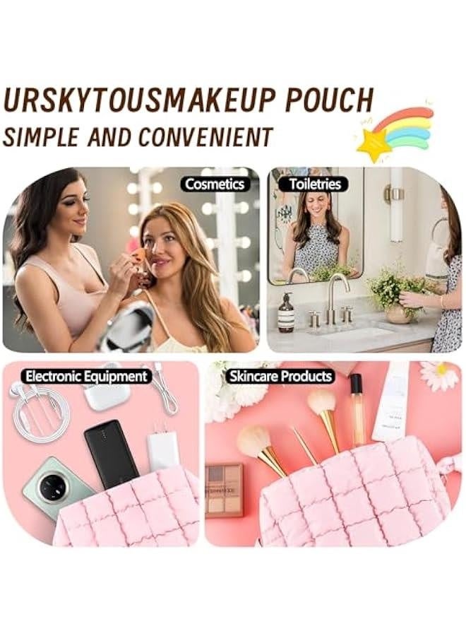 Quilted Makeup Bag for Women Girls Large Pink Cosmetic Bag Cute Puffer Aesthetic Zipper Makeup Pouch for Purse Portable Waterproof Travel Toiletry Bag Makeup Brushes Skincare Bag Organizer - Image 5