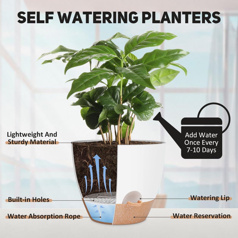 YNNICO 12 Inch Large Self Watering Plant Pot Set, Flower Pots with Multi-Mesh Drainage Holes and Saucer, Suitable for Indoor and Outdoor Garden Plants, White. - Image 3
