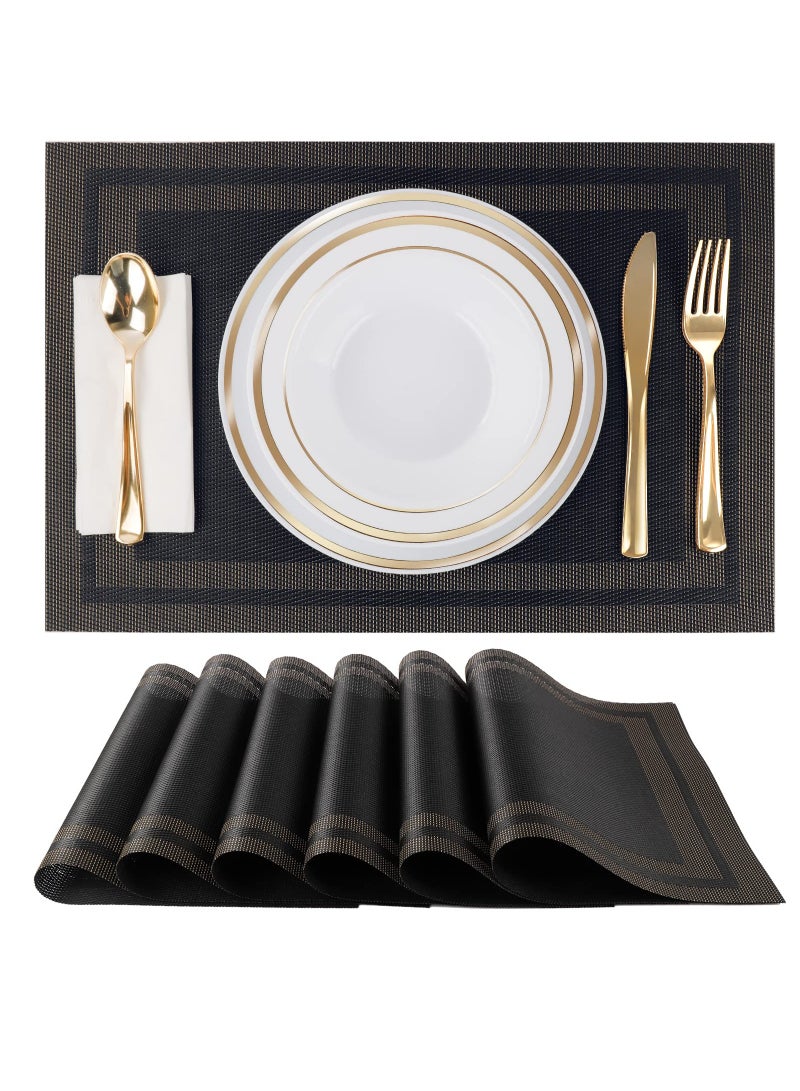 Placemats, Kitchen Dining Table Mats, Heat Resistant Anti-Slip Stain Washable PVC Table Mats, Easy to Clean Woven Vinyl Placemats (Black, 6-Pack) - Image 1