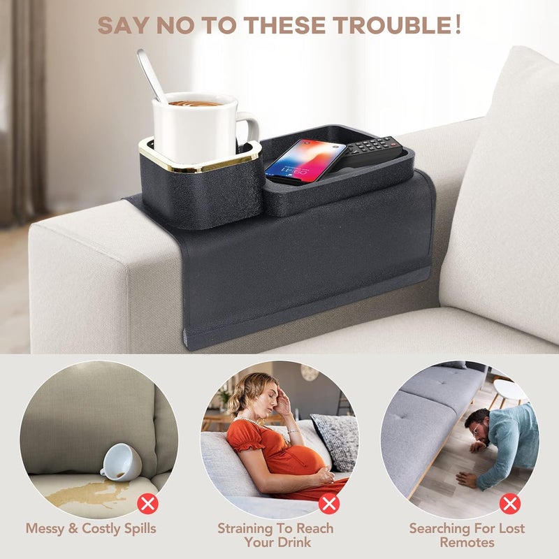 KEYOZA Silicone Couch Cup Holder Tray AntiSpill Sofa Drink Coaster AntiSlip Armrest Cup Holder Suit Tray for Remote Snacks Tissue Magazines Cellphone and iPad Gift for Family Friend Black - Image 2