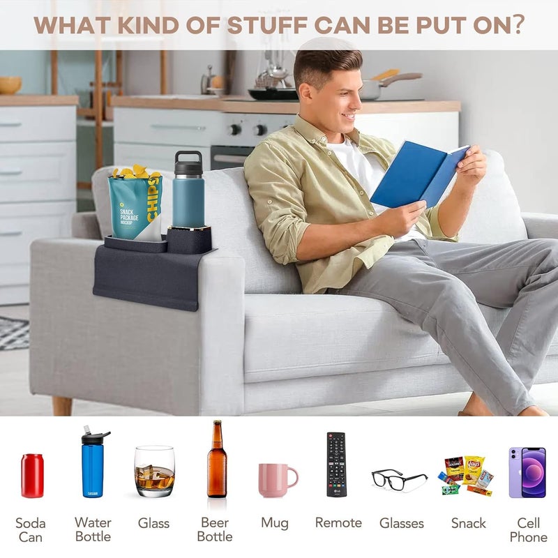KEYOZA Silicone Couch Cup Holder Tray AntiSpill Sofa Drink Coaster AntiSlip Armrest Cup Holder Suit Tray for Remote Snacks Tissue Magazines Cellphone and iPad Gift for Family Friend Black - Image 4