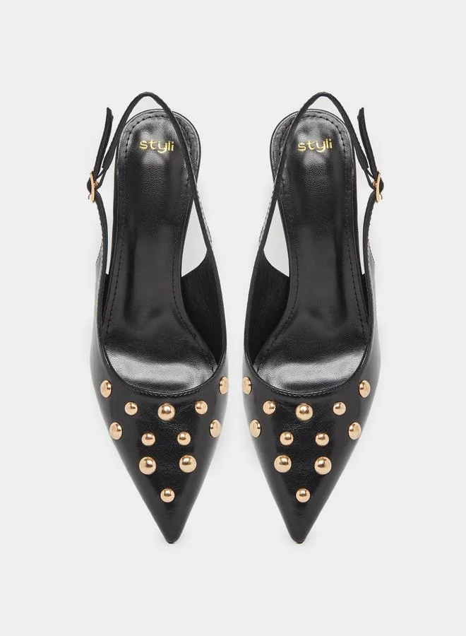 ستايلي Styli Studded Singback Kitten Heel Pumps