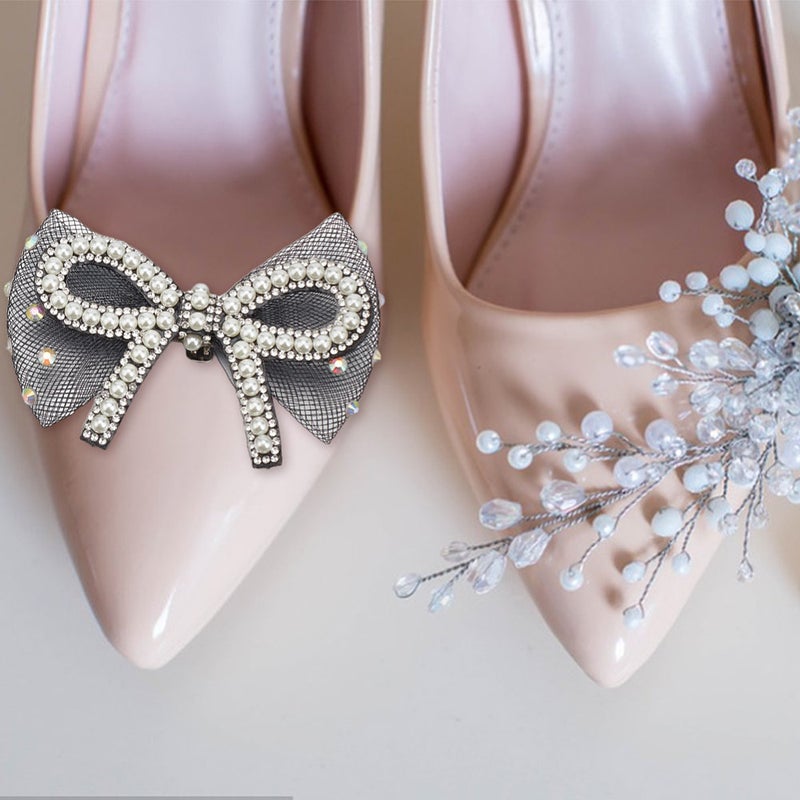 1set 4pcs 2 styles Bowknot Polyester Rhinestone Shoe Decorations with Plastic Beads Detachable Shoe Buckle Clips Mixed color 58.5~73x88~101x12~15mm 2pcs/style - Image 5