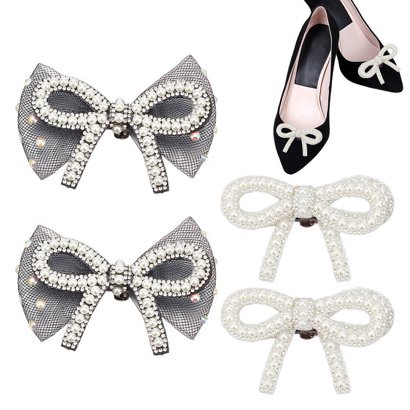 1set 4pcs 2 styles Bowknot Polyester Rhinestone Shoe Decorations with Plastic Beads Detachable Shoe Buckle Clips Mixed color 58.5~73x88~101x12~15mm 2pcs/style - Image 1