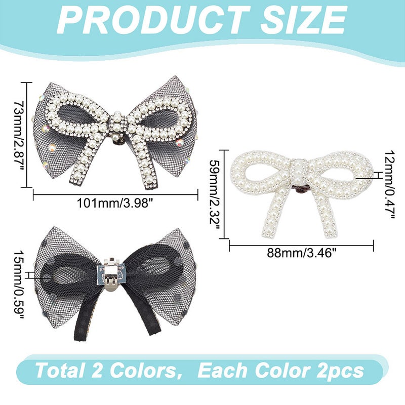 1set 4pcs 2 styles Bowknot Polyester Rhinestone Shoe Decorations with Plastic Beads Detachable Shoe Buckle Clips Mixed color 58.5~73x88~101x12~15mm 2pcs/style - Image 2