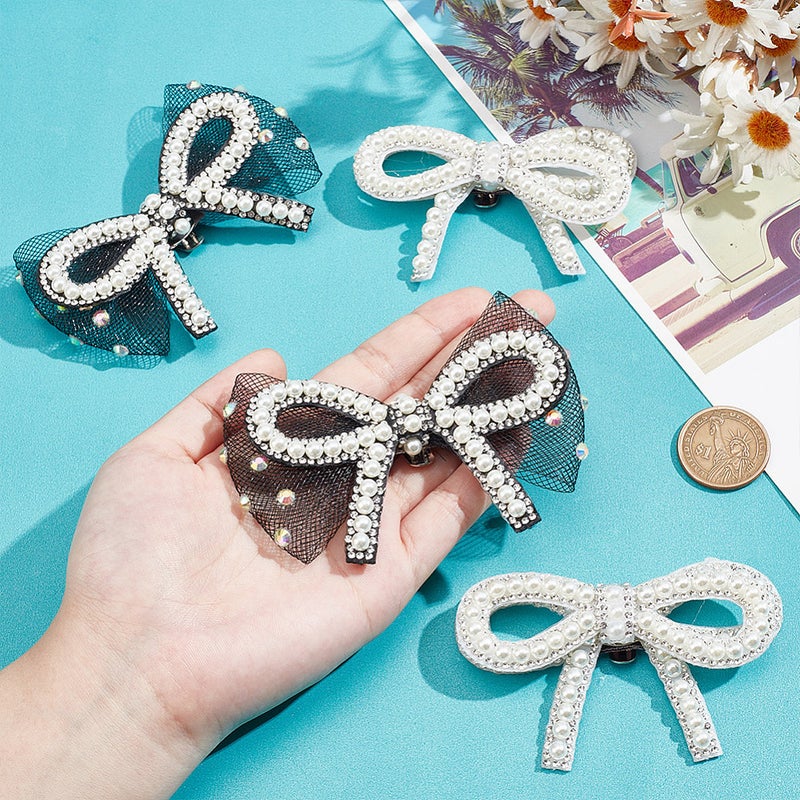 1set 4pcs 2 styles Bowknot Polyester Rhinestone Shoe Decorations with Plastic Beads Detachable Shoe Buckle Clips Mixed color 58.5~73x88~101x12~15mm 2pcs/style - Image 3