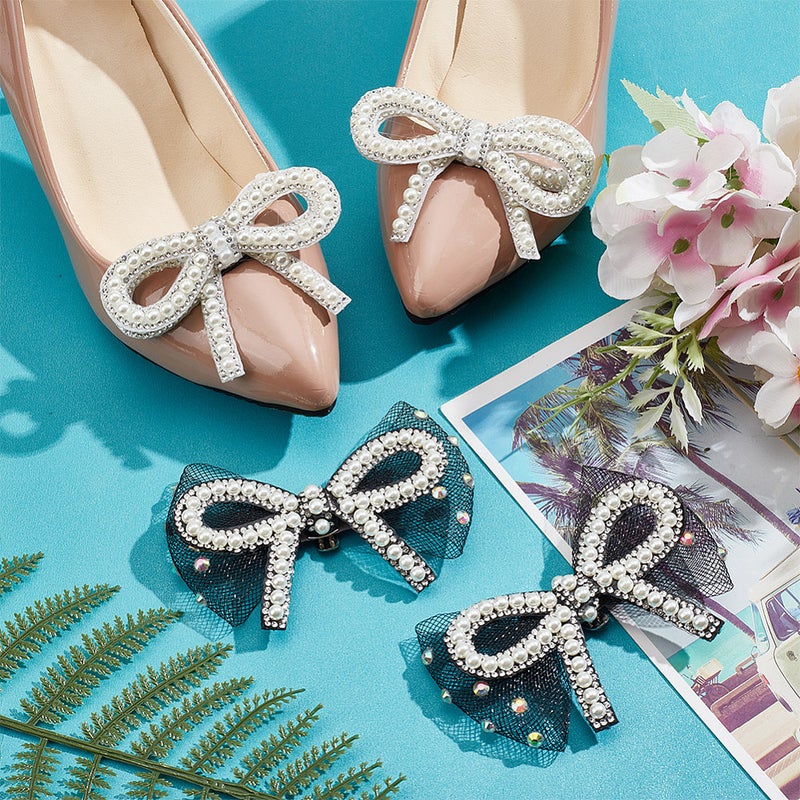 1set 4pcs 2 styles Bowknot Polyester Rhinestone Shoe Decorations with Plastic Beads Detachable Shoe Buckle Clips Mixed color 58.5~73x88~101x12~15mm 2pcs/style - Image 4