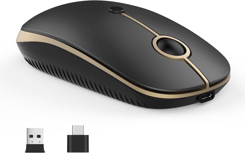 VssoPlor فأرة لاسلكية من نوع Type C، قابلة لإعادة الشحن عبر USB C، محمولة وهادئة للكمبيوتر المحمول، مع مستقبل USB وType C، فأرة ثنائية الوضع لأجهزة الكمبيوتر واللابتوب وماك بوك والتابلت - أسود ذهبي - Image 1